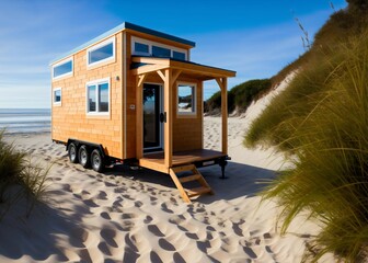 Wooden house on wheels. Blurred beach background with copy space. Generative AI.