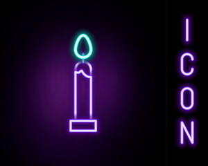 Glowing neon line Burning candle icon isolated on black background. Cylindrical candle stick with burning flame. Colorful outline concept. Vector