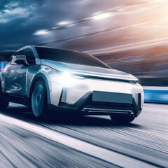 Naklejka premium Electric cars run on the road at speed, alternative energy vehicles.generative AI