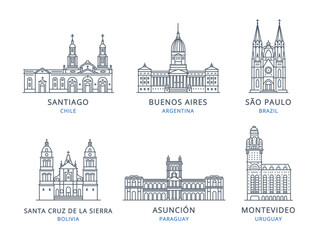 Collection of South America city outline icons with urban landmarks. Linear illustration of modern city symbols by SANTIAGO, BUENOS AIRES, SÃO PAULO, SANTA CRUZ DE LA SIERRA, ASUNCIÓN, MONTEVIDEO.