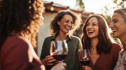 Group of cheerful friends having wine at party