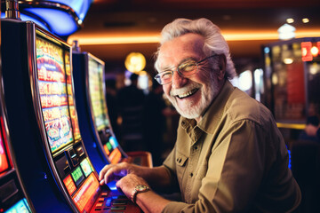 portrait of elderly man gambler playing slot machine in casino. Slot Machines in Las Vegas. Grandma addicted to fruit machines excited
