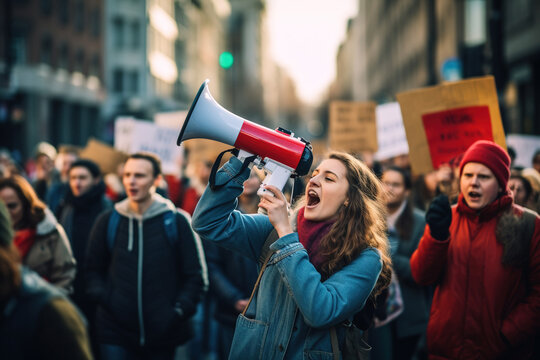 People on strike protesting with megaphone