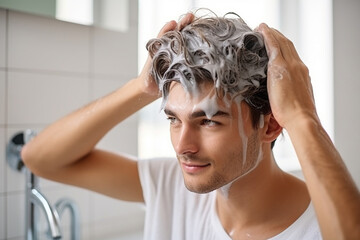 Naklejka premium Handsome young man applying shampoo on his hair, preparing for a wash
