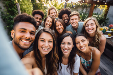 Group selfie at outdoor dinner party