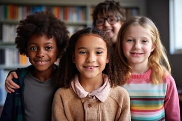 Happy diverse junior school students children group looking at camera standing in classroom. Smiling multiethnic cool kids boys and girls friends posing for group portrait together