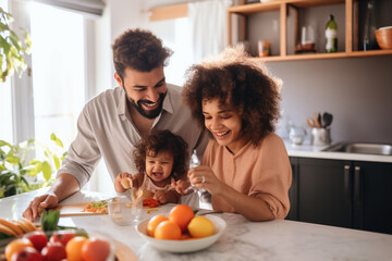 Happy diverse multiethnic family spending time in kitchen