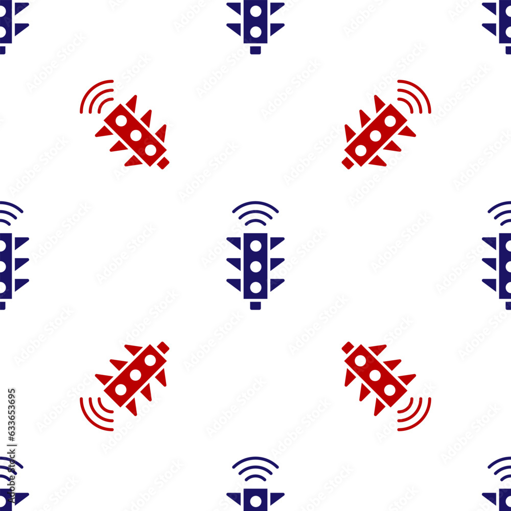 Poster blue and red smart traffic light system icon isolated seamless pattern on white background. internet