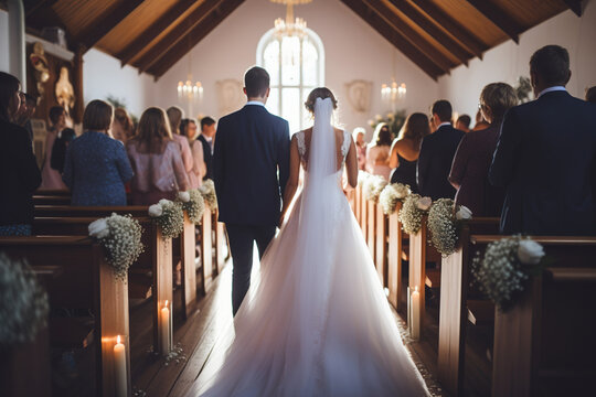 Wedding Couple in Love Back View walking down in Church. Newly Wedded Bride Groom in Window Door Light. Wedding Day Ceremony