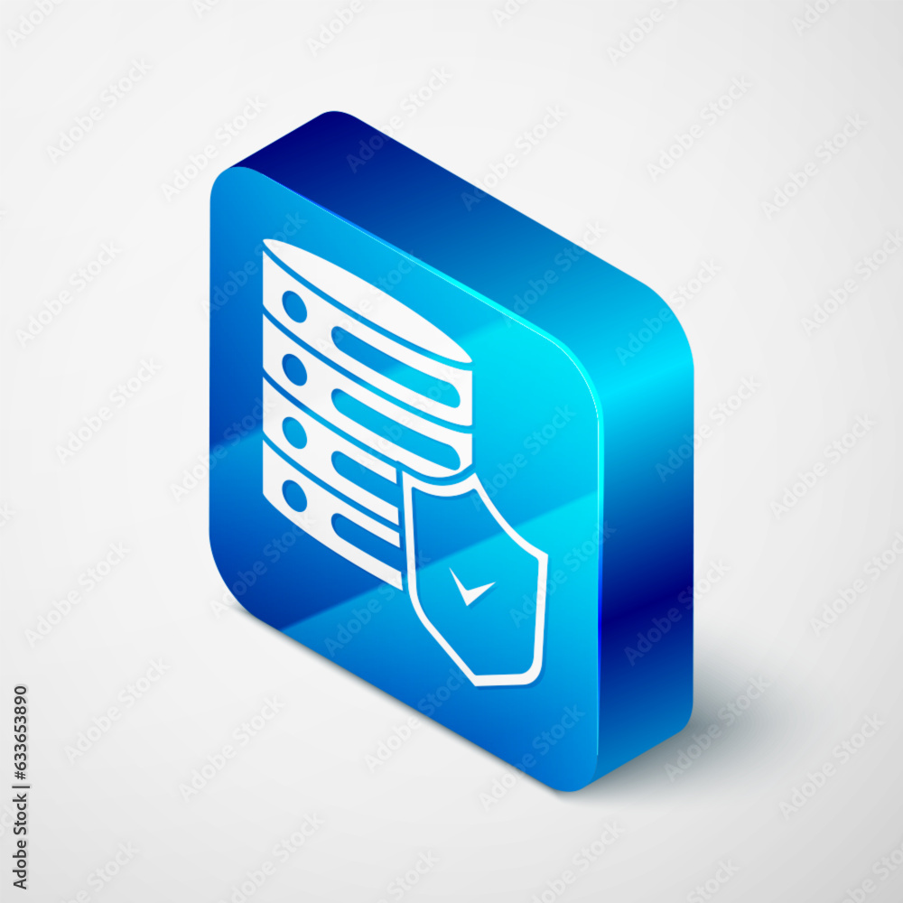 Poster isometric server with shield icon isolated on grey background. protection against attacks. network f