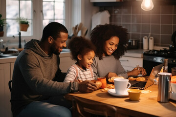 Young Black parent dad having morning breakfast with mixed race kids using laptop. Multiethnic family father and two children enjoying watching videos on computer sitting at kitchen table at home