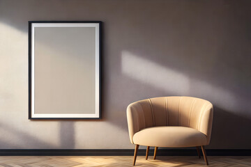 Modern interior with armchair and wooden floor, empty poster in frame with copy space. Generative AI.