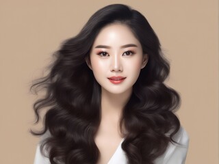 Fototapeta premium Young Asian beauty woman with korean makeup style. Perfect skin on isolated beige background.