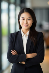 Fototapeta na wymiar Confident smiling young professional business woman ceo corporate leader, female Asian lawyer or hr manager wearing suit standing arms crossed in office, vertical portrait.