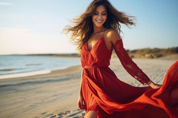 Fototapeta na wymiar Attractive woman in red dress dancing on the beach