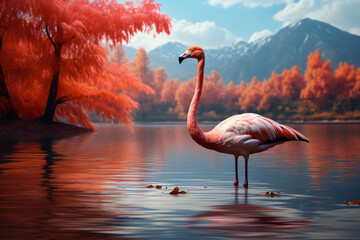 Flamingo with nature background style with autum