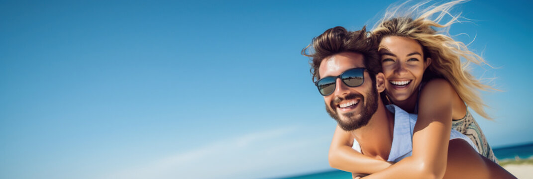 Couple enjoys a piggyback ride at the beach in summer