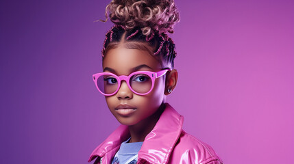 Fashion young african girl black woman wear stylish pink glasses clothes looking at camera isolated on party purple studio background
