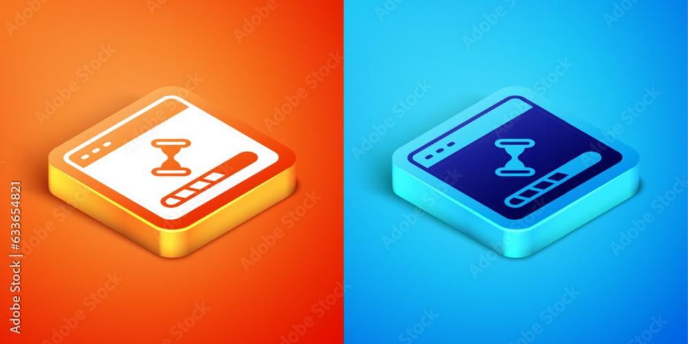 Poster isometric loading a data window with a progress bar icon isolated on orange and blue background. vec