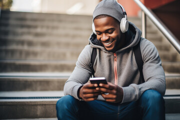 Fit sporty young black man sitting on concrete urban stairs holding phone using mobile apps listening music. Strong African ethnic guy wearing headphones looking at smartphone outdoors. Top view