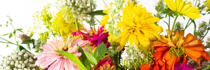 Summer bouquet of colorful Zinnia, onion inflorescences and mint sprigs, Rudbeckia Goldquelle and...