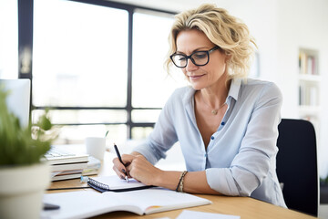 Mature businesswoman writing in her diary in an office