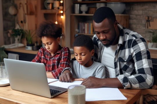 Caring Black dad hugging teenage son helping school