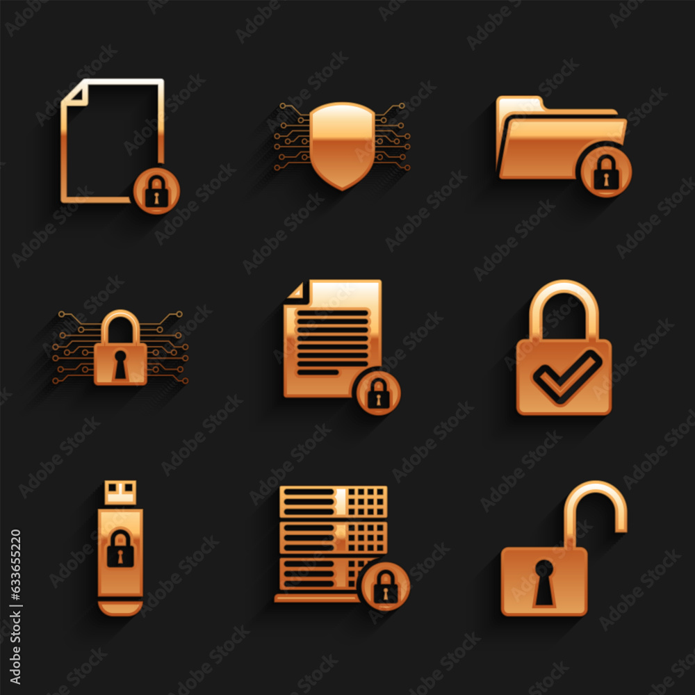 Poster set document and lock, server security with, open padlock, lock check mark, usb flash drive and cybe