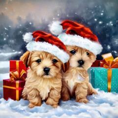 Two puppies wearing masks pose for Christmas.generative AI