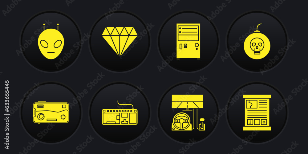 Poster set mobile and playing in game, bomb ready to explode, computer keyboard, racing simulator cockpit, 