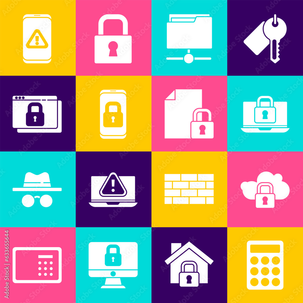 Poster set password protection, cloud computing lock, laptop and, ftp folder, mobile with closed padlock, s