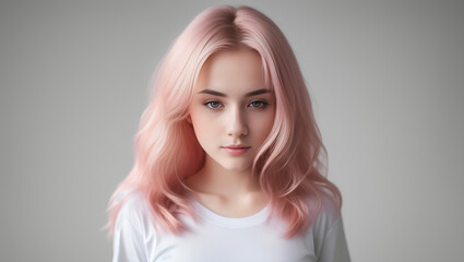 Portrait of beautiful teenage girl with pink hair. Natural background with copy space. Generative AI.