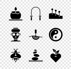 Set Aroma candle, Jump rope, Acupuncture therapy, Bee, Stack hot stones, Heart, Facial cosmetic mask and icon. Vector