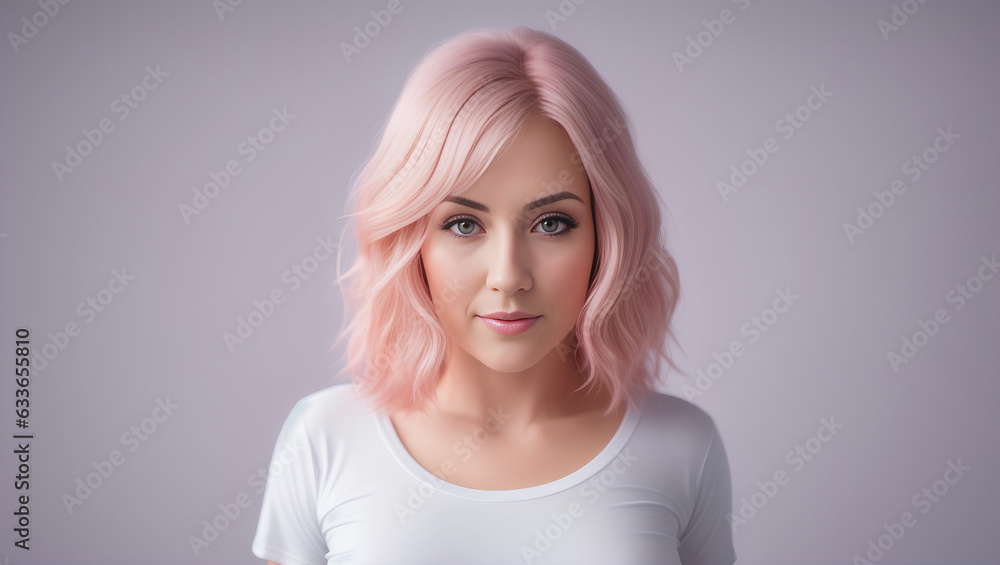 Wall mural portrait of tired adult woman with pink hair. natural background with copy space. generative ai.