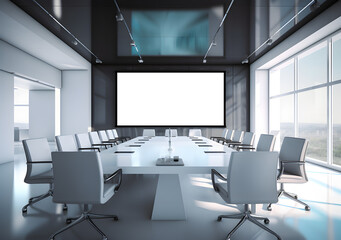 Illustration of a conference room with a large screen tv projection, chairs 