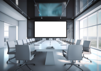 Illustration of a conference room with a large screen tv projection, chairs 