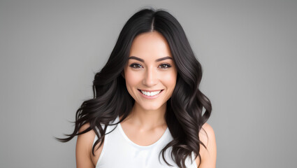 Naklejka premium Smiling female with black hair looking at camera on isolated background with mockup. Generative AI.
