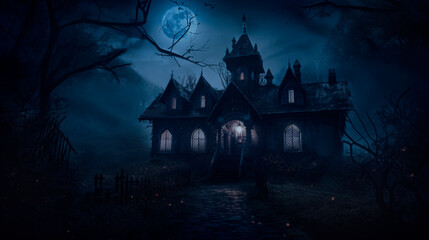 Fototapeta na wymiar Creepy haunted house in mystery forest, Halloween background