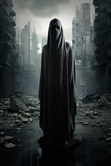 Grim reaper in black cloth standing over destroyed building in city with debris and collapsing, Ghost city