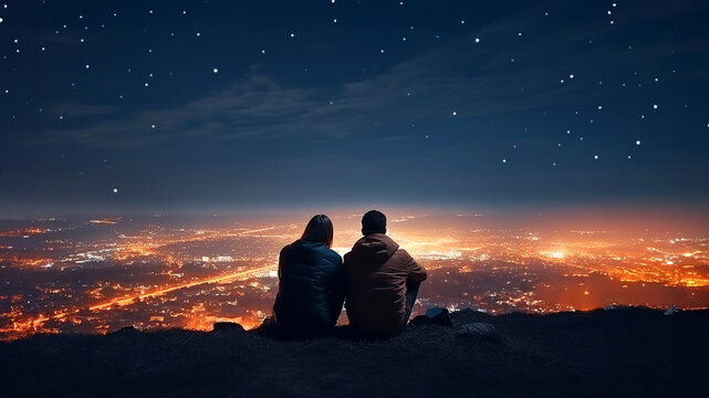 A silhouette of a couple sitting on the top of a hill and watching a night city skyline below, under a dark starry sky. Image created with Generative AI