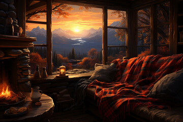 Living room in stylish house with sofa and table next to window in evening time