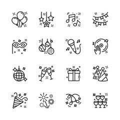 christmas, new year , happy celebration, party thin line icons set, such as music, gift, firework, confetti, food and wine. isolated vector illustration