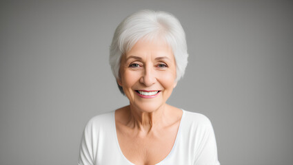Happy senior woman with short, silver hair. Natural background with mockup. Generative AI.