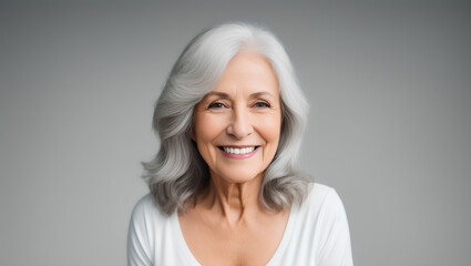 Smiling woman with silver hair looking at camera on isolated background with mockup. Generative AI.