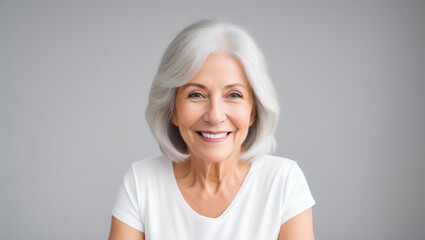 Portrait of smiling woman with grey hair. Isolated background with mockup. Generative AI.