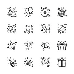 christmas, new year , happy celebration, party thin line icons set, such as music, gift, firework, confetti, food and wine. isolated vector illustration