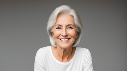 Portrait of senior woman with grey hair. Empty background with copy space. Generative AI.