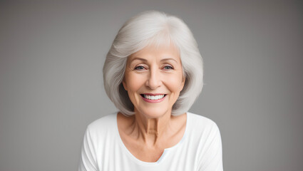 Portrait of smiling senior female with grey hair. Empty background with copy space. Generative AI.