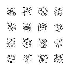 christmas, new year , happy celebration, party thin line icons set, such as music, gift, firework, confetti, food and wine. isolated vector illustration