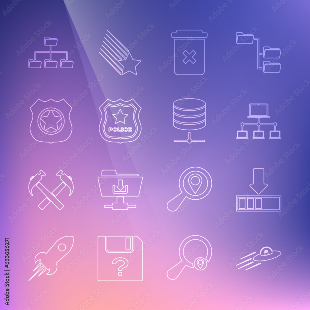 Poster set line ufo flying spaceship and alien, loading, computer network, trash can, police badge, folder 